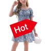 imageGoranbon Girls Summer Floral Dress Kids 2025 Puff Sleeve Square Neck Smocked Flowy Sun DressesAnavy Blue