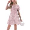 imageGoranbon Girls Summer Floral Dress Kids 2025 Puff Sleeve Square Neck Smocked Flowy Sun DressesAlight Pink