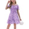 imageGoranbon Girls Summer Floral Dress Kids 2025 Puff Sleeve Square Neck Smocked Flowy Sun DressesApurple