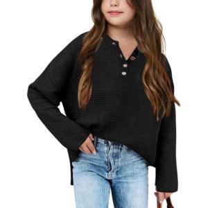 imageBatermoon Girls Button Neck Pullover Sweaters Long Sleeve Loose Fit Fall Knit Jumper Tops Black