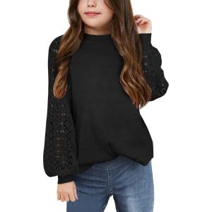 imageBatermoon Girls Long Sleeve Shirts Lace Loose Fit Casual Crewneck Blouses Tops 514 YearsBlack