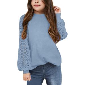 imageBatermoon Girls Long Sleeve Shirts Lace Loose Fit Casual Crewneck Blouses Tops 514 YearsBlue