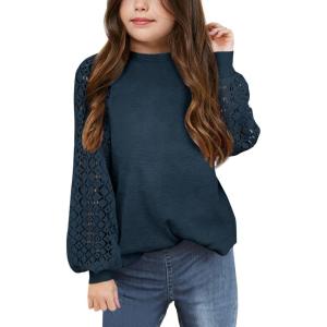 imageBatermoon Girls Long Sleeve Shirts Lace Loose Fit Casual Crewneck Blouses Tops 514 YearsNavy Blue