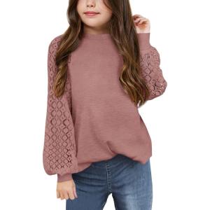 imageBatermoon Girls Long Sleeve Shirts Lace Loose Fit Casual Crewneck Blouses Tops 514 YearsPink