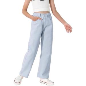 imageGirls Casual Denim Pants High Waisted Wide Leg Jeans with PocketLight Blue