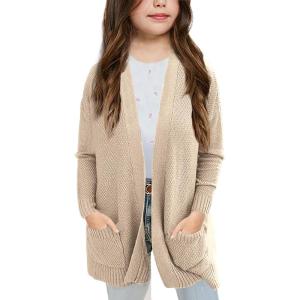 imageGoranbon Girls Cardigan Sweaters Open Front Long Sleeve Casual Sweater Coats with PocketsBeige