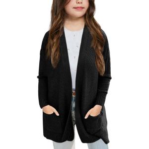 imageGoranbon Girls Cardigan Sweaters Open Front Long Sleeve Casual Sweater Coats with PocketsBlack