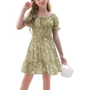 imageGoranbon Girls Summer Floral Dress Kids 2025 Puff Sleeve Square Neck Smocked Flowy Sun DressesAgreen