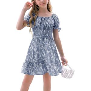 imageGoranbon Girls Summer Floral Dress Kids 2025 Puff Sleeve Square Neck Smocked Flowy Sun DressesAnavy Blue