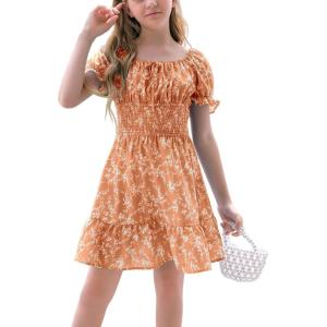 imageGoranbon Girls Summer Floral Dress Kids 2025 Puff Sleeve Square Neck Smocked Flowy Sun DressesAorange