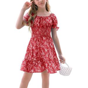 imageGoranbon Girls Summer Floral Dress Kids 2025 Puff Sleeve Square Neck Smocked Flowy Sun DressesAred