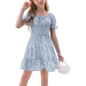 imageGoranbon Girls Summer Floral Dress Kids 2025 Puff Sleeve Square Neck Smocked Flowy Sun DressesAsky Blue