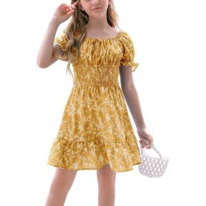 imageGoranbon Girls Summer Floral Dress Kids 2025 Puff Sleeve Square Neck Smocked Flowy Sun DressesAyellow