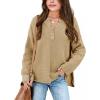 imageBatermoon Girls Button Neck Pullover Sweaters Long Sleeve Loose Fit Fall Knit Jumper Tops Khaki