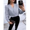 imageWomens Business Casual Tops Summer Long Sleeve Silk Button Down Shirts V Neck Chiffon BlousesAgrey Blue