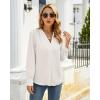 imageWomens Business Casual Tops Summer Long Sleeve Silk Button Down Shirts V Neck Chiffon BlousesAwhite