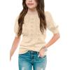 imageBatermoon Girls Puff Short Sleeve Sweaters Crewneck Hollow Out Knit Pullover TopsBeige