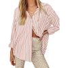 imageWomens Blouses Striped Long Sleeve Shirts Button Down Loose Fit Casual Tops01dark Pink