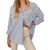 imageWomens Blouses Striped Long Sleeve Shirts Button Down Loose Fit Casual Tops01navy