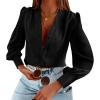 imageWomens Business Casual Tops Summer Long Sleeve Silk Button Down Shirts V Neck Chiffon BlousesAblack