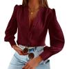 imageWomens Business Casual Tops Summer Long Sleeve Silk Button Down Shirts V Neck Chiffon BlousesAburgundy