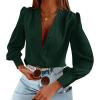 imageWomens Business Casual Tops Summer Long Sleeve Silk Button Down Shirts V Neck Chiffon BlousesAdark Green