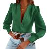 imageWomens Business Casual Tops Summer Long Sleeve Silk Button Down Shirts V Neck Chiffon BlousesAgreen