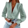 imageWomens Business Casual Tops Summer Long Sleeve Silk Button Down Shirts V Neck Chiffon BlousesAmint