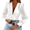 imageWomens Business Casual Tops Summer Long Sleeve Silk Button Down Shirts V Neck Chiffon BlousesAwhite