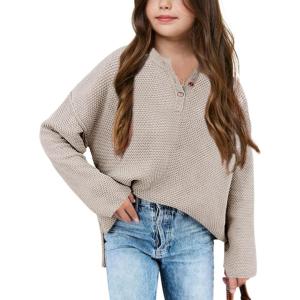 imageBatermoon Girls Button Neck Pullover Sweaters Long Sleeve Loose Fit Fall Knit Jumper Tops Grey