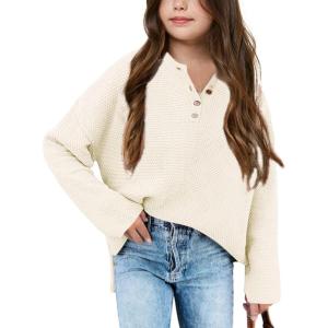 imageBatermoon Girls Button Neck Pullover Sweaters Long Sleeve Loose Fit Fall Knit Jumper Tops White