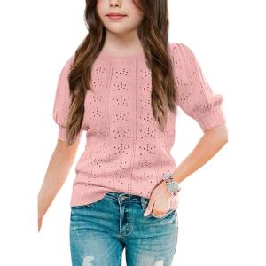 imageBatermoon Girls Puff Short Sleeve Sweaters Crewneck Hollow Out Knit Pullover TopsPink