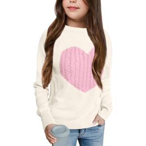 imageBatermoon Girls Pullover Sweaters Long Sleeve Cute Heart Pattern Crewneck Knit Jumper TopsAcream White