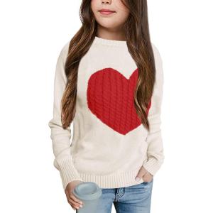 imageBatermoon Girls Pullover Sweaters Long Sleeve Cute Heart Pattern Crewneck Knit Jumper TopsCream White