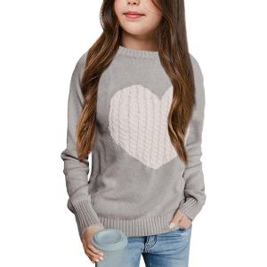 imageBatermoon Girls Pullover Sweaters Long Sleeve Cute Heart Pattern Crewneck Knit Jumper TopsGrey