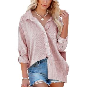 imageFlowyair Womens Oversized Button Down Shirts Business Casual Long Sleeve Blouse Work Striped TopsBean Paste