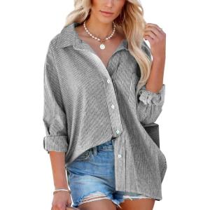 imageFlowyair Womens Oversized Button Down Shirts Business Casual Long Sleeve Blouse Work Striped TopsBlack