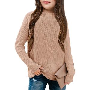 imageGirls Long Sleeve Sweater Mock Neck Fall Soft Knit Pullover Jumper TopsKhaki