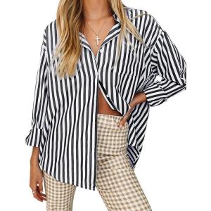 imageWomens Blouses Striped Long Sleeve Shirts Button Down Loose Fit Casual Tops01black