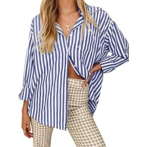 imageWomens Blouses Striped Long Sleeve Shirts Button Down Loose Fit Casual Tops01blue