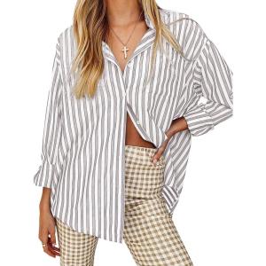 imageWomens Blouses Striped Long Sleeve Shirts Button Down Loose Fit Casual Tops01grey