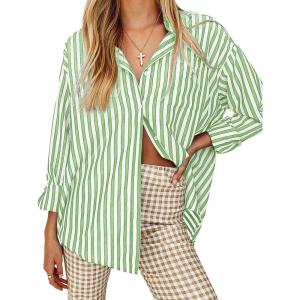 imageWomens Blouses Striped Long Sleeve Shirts Button Down Loose Fit Casual Tops01light Green