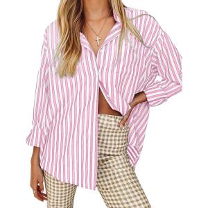 imageWomens Blouses Striped Long Sleeve Shirts Button Down Loose Fit Casual Tops01lilac