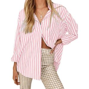 imageWomens Blouses Striped Long Sleeve Shirts Button Down Loose Fit Casual Tops01pink