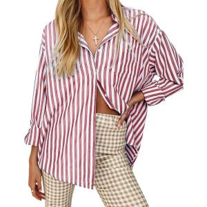 imageWomens Blouses Striped Long Sleeve Shirts Button Down Loose Fit Casual Tops01red