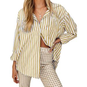 imageWomens Blouses Striped Long Sleeve Shirts Button Down Loose Fit Casual Tops01yellow