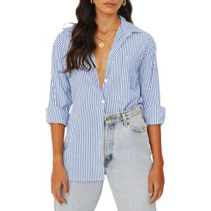 imageWomens Blouses Striped Long Sleeve Shirts Button Down Loose Fit Casual Tops03blue