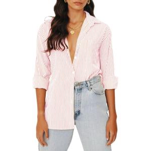 imageWomens Blouses Striped Long Sleeve Shirts Button Down Loose Fit Casual Tops03pink