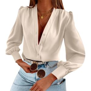 imageWomens Business Casual Tops Summer Long Sleeve Silk Button Down Shirts V Neck Chiffon BlousesAbeige