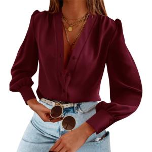 imageWomens Business Casual Tops Summer Long Sleeve Silk Button Down Shirts V Neck Chiffon BlousesAburgundy